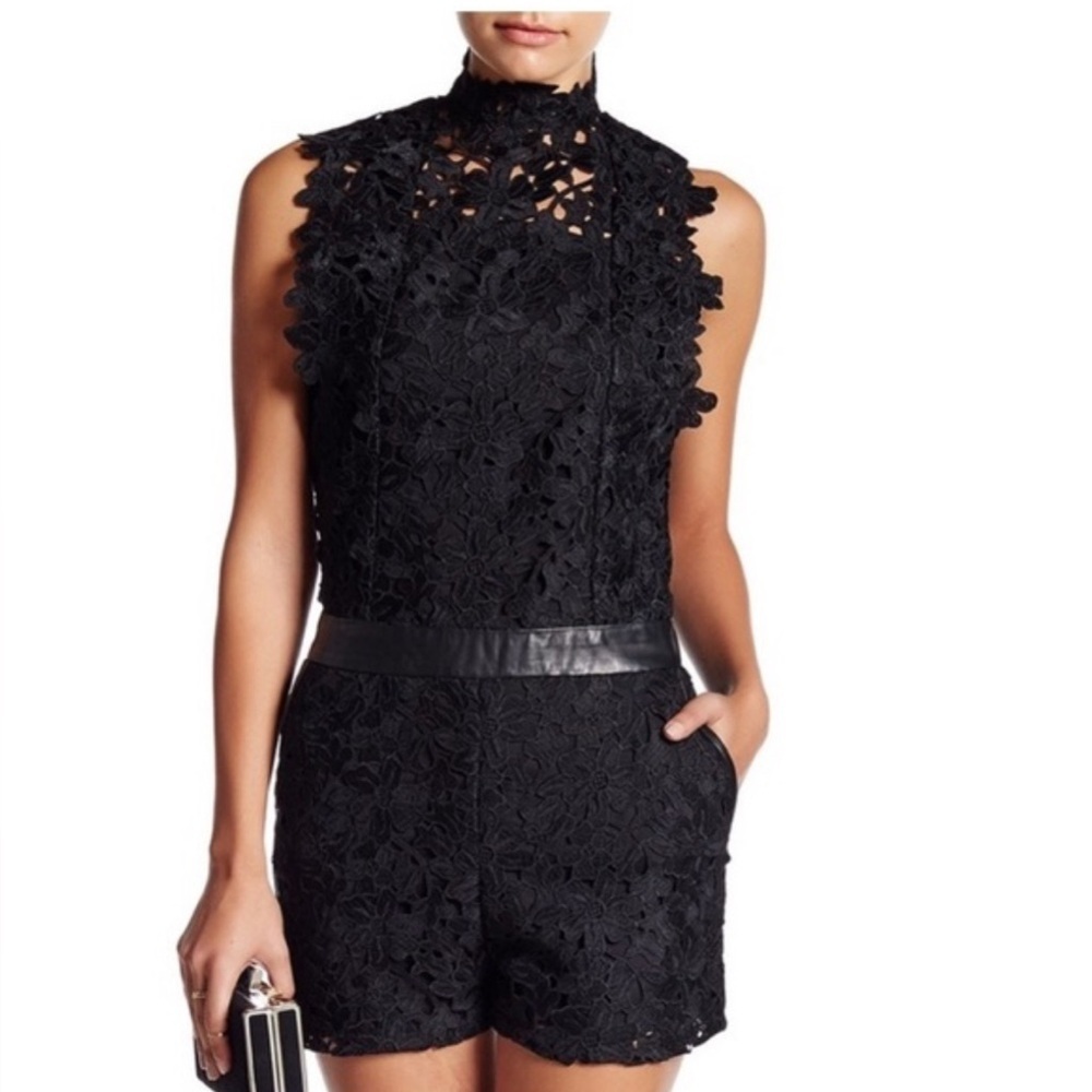 LAMARQUE Sz 2 Makaya Floral Lace Romper with Leather Trim High Neck Pockets